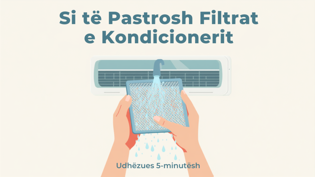 Duar duke larë filtrin e kondicionerit nën ujë të rrjedhshëm